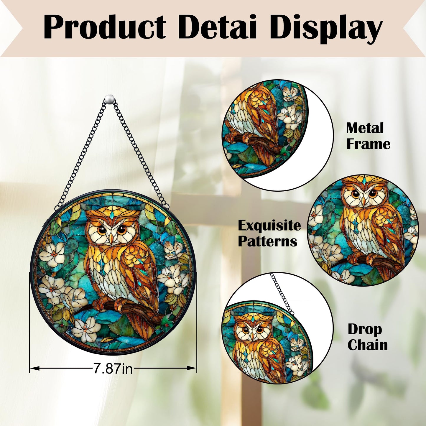 Yjeslw Owl Bird Stained Glass Window Hanging Suncatchers, Owl Flower Sun Catchers Indoor Window Glass Wall Art Decor, Bird Wall Hanging Decorations Sculptures, 7.9x7.9in