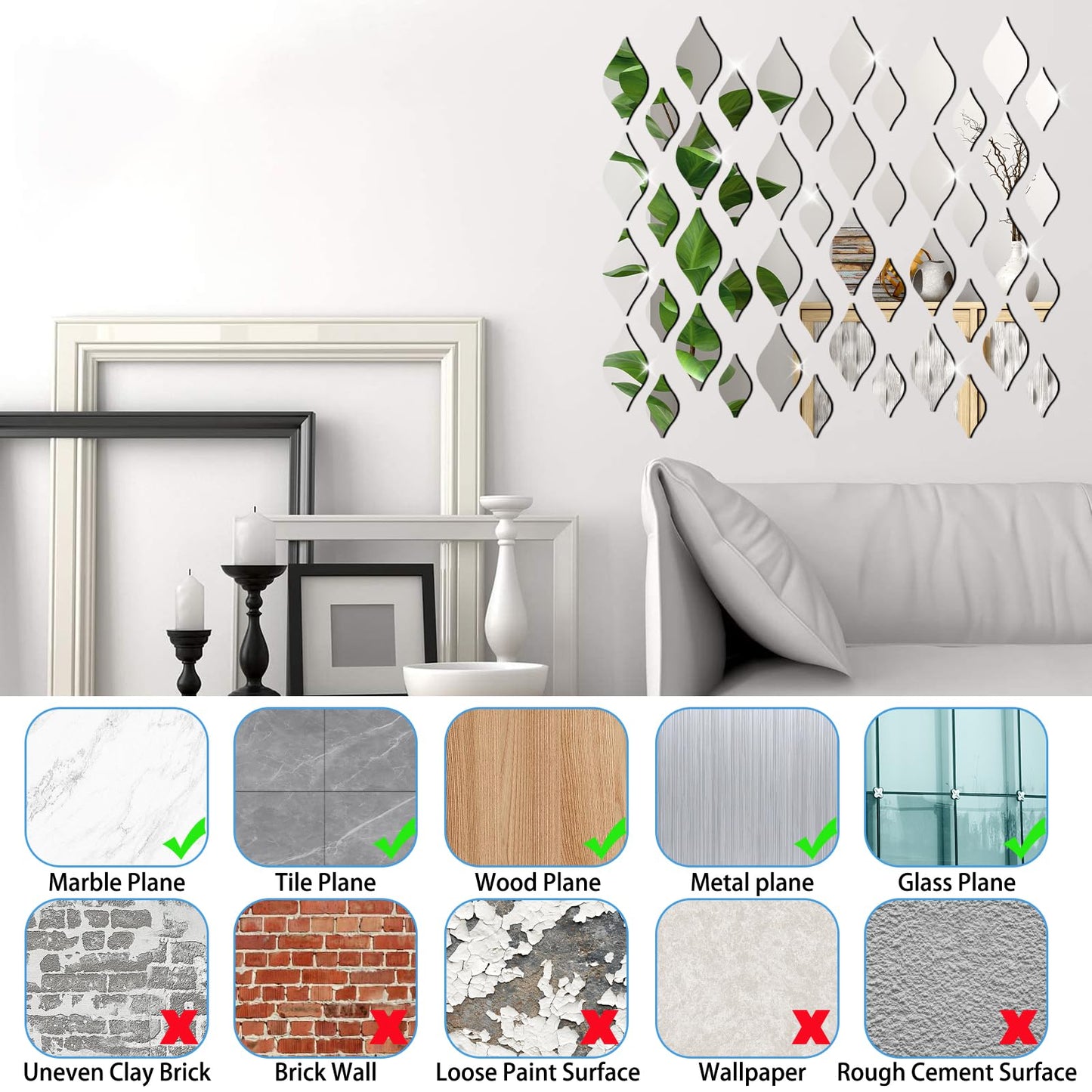 DARENYI 32Pcs Silver Teardop Mirror Wall Stickers Shatterproof Acrylic Mirror Tiles Self Adhesive Wall Decor Decals for Living Room, Bathroom, Bedroom, TV Background, Entryway Decor