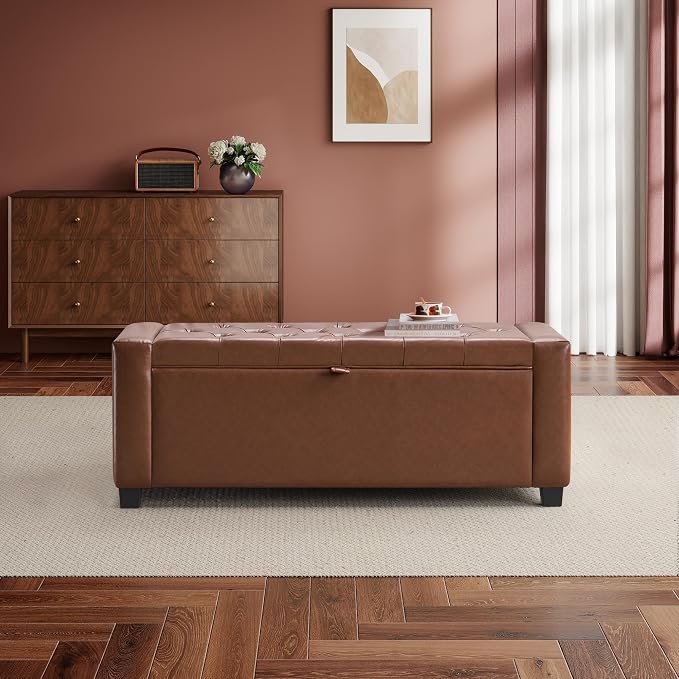 GRAINELL Storage Ottoman Bench, Upholstered Tufted Bedroom Bench with Storage, End of Bed Storage Bench for Living Room & Entryway, 350 lb Capacity, Leather Brown