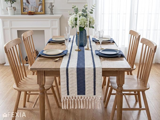 FEXIA Boho Table Runner with Tassels for Summer Home Decor Farmhouse Rustic Burlap Table Decoration for Living Room Dining Room Graduation Decor (12x72 Inches)