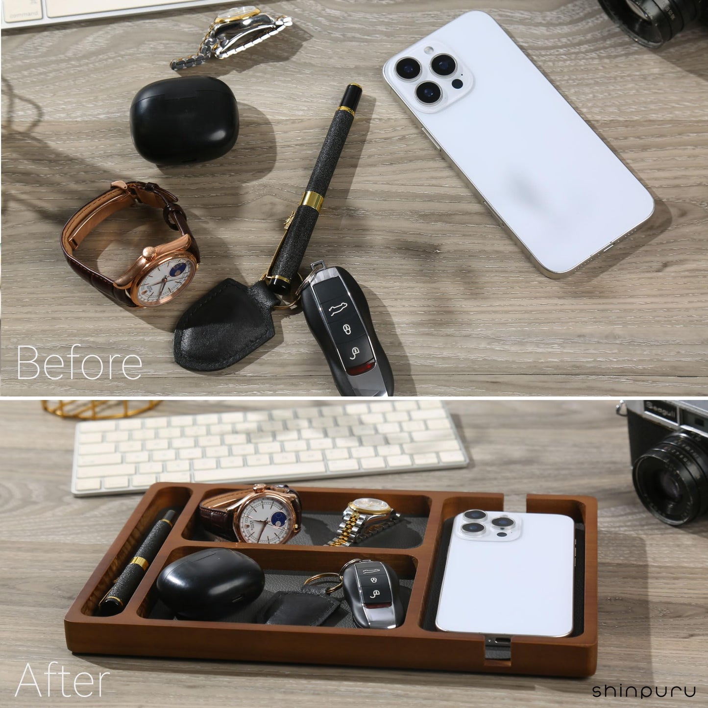 Shinpuru Wooden Valet Tray for Men, Nightstand Organizer with Leather Inlay, EDC Essentials Catchall Tray for Keys, Phone, Wallet, Watch, Earbuds - Bedside Desk Entryway Tray (Wood-Pen)