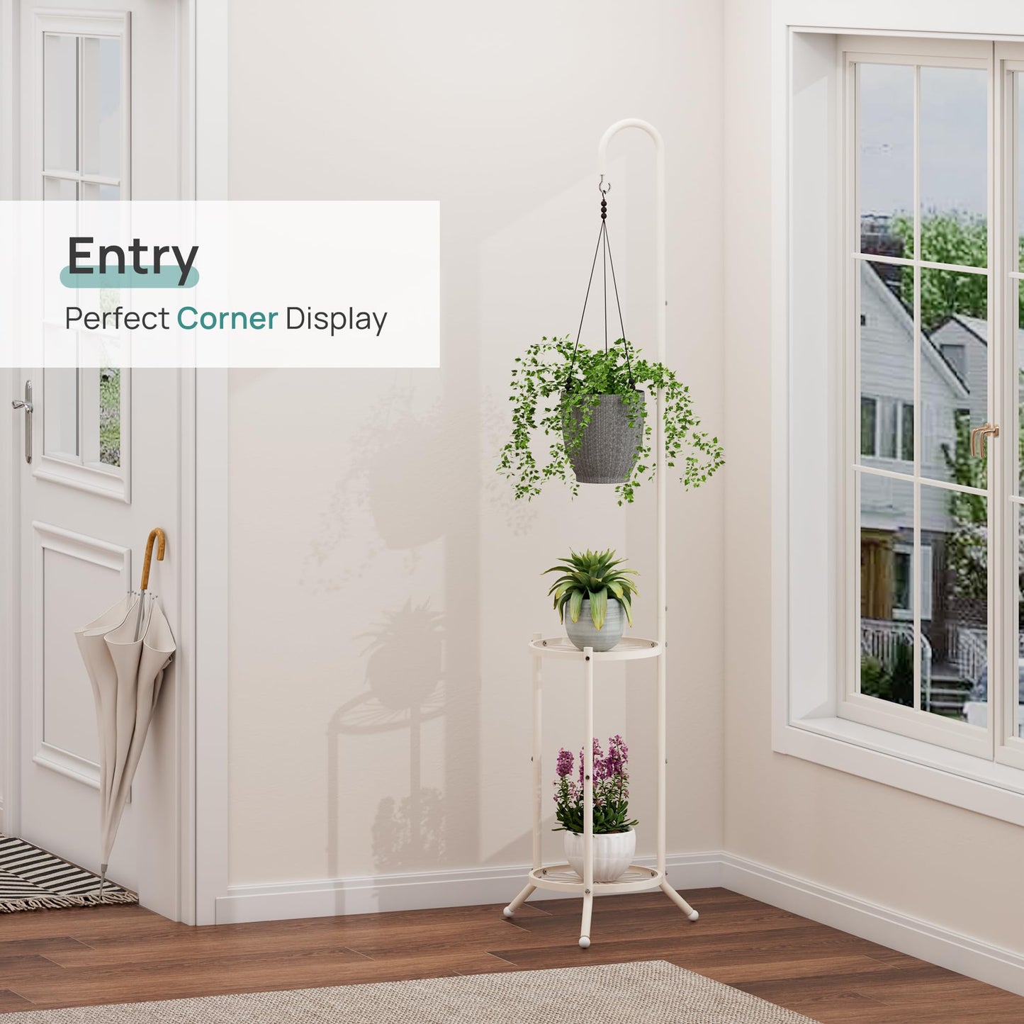 2-Tier Hanging Plant Stand, Heavy Duty Metal Planter Rack - Space Saving Indoor/Outdoor Shelves with 41" Hanging Space - Display Multiple Flower Pots, Tall Iron Plant Organizer for Living Room, Patio & Garden