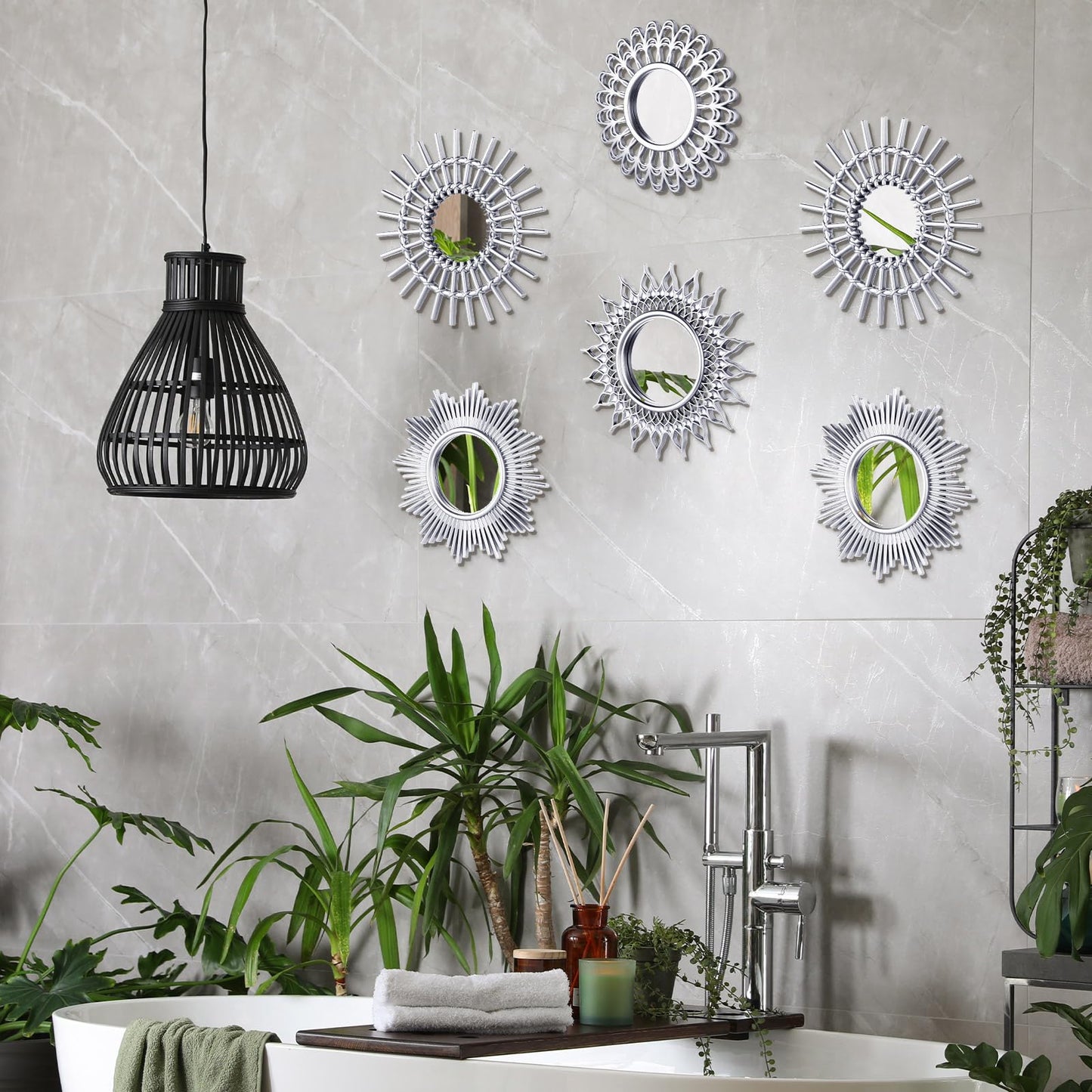 Namalu 6 Pcs Mirrors - Small Circle Sun Mirrors for Decorative Wall Art - Entryway, Bathroom, Bedroom, Living Room (Silver, Classic)