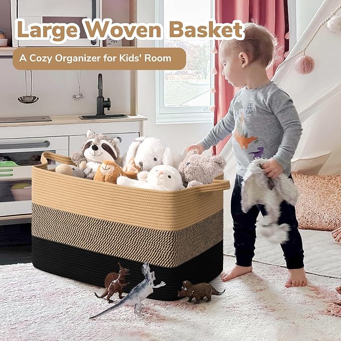 Goodpick Large Woven Blanket Basket 23.6" x 15.7" x 13.8" Cotton Rope Storage Organizer for Dirty Clothes Pillows Toys, Rectangle Wicker Laundry Basket with Handles, Black & Jute Mix