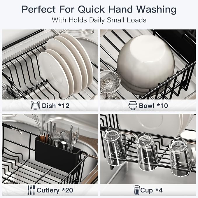 MAJALiS Dish Drying Rack Over The Sink with Utensil Holder, Drainboard | Expandable Stainless Steel Dish Drainer for Small Kitchen, Apartment, RV, Counter Space Saving, Perfect Fit, Rustproof