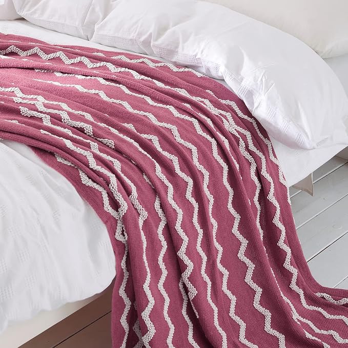 BOURINA Fluffy Chenille Knitted Fringe Throw Blanket Lightweight Soft Cozy for Bed Sofa Chair Throw Blankets Rose Wine 50" x 60"