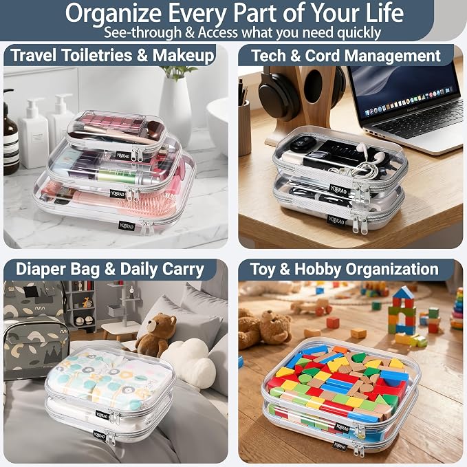 YQBRAO 4-Pack Clear Diaper Bag Organizer Pouches, 1.2mm Ultra-Thick PET Travel Pouches for Toiletries & Makeup, Rigid Self-Standing Bags with YKK Zippers, TSA Approved (Gray)