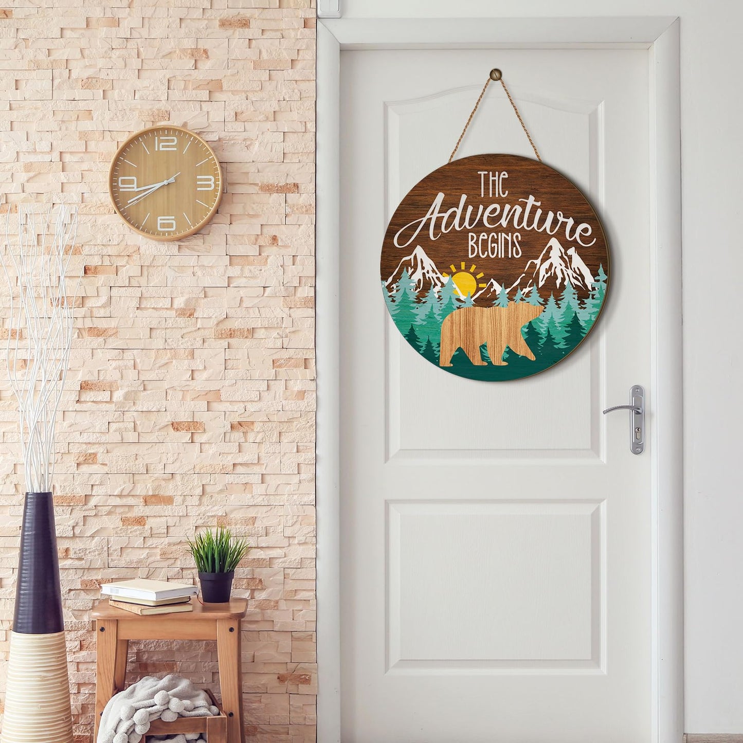 Chunful The Adventure Begins Wooden Hanging Sign, 12 x 12'' Woodland Nursery Decor, Green Trees Brown Background Inspirational Quotes Wooden Plank Sign for Home Cabin, Forest Camping Sign