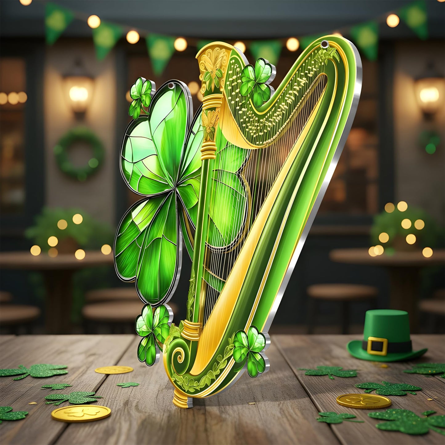 Irish Harp and Shamrock 2D Flat Acrylic Hanging Ornament, Green Gold Celtic Music Inspired Window or Wall Decor, Lucky Clover Holiday Decoration for Home Seasonal Display Gift Idea
