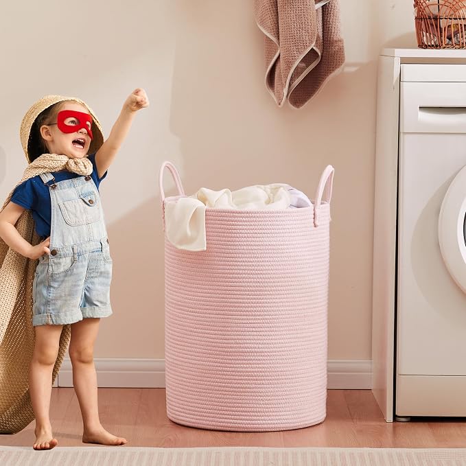 Large Pink Laundry Basket 15x20 Inches, 60L Woven Rope Hamper for Baby Girls and Kids, Tall Nursery Storage Bin, Kawaii Bedroom Laundry Hamper
