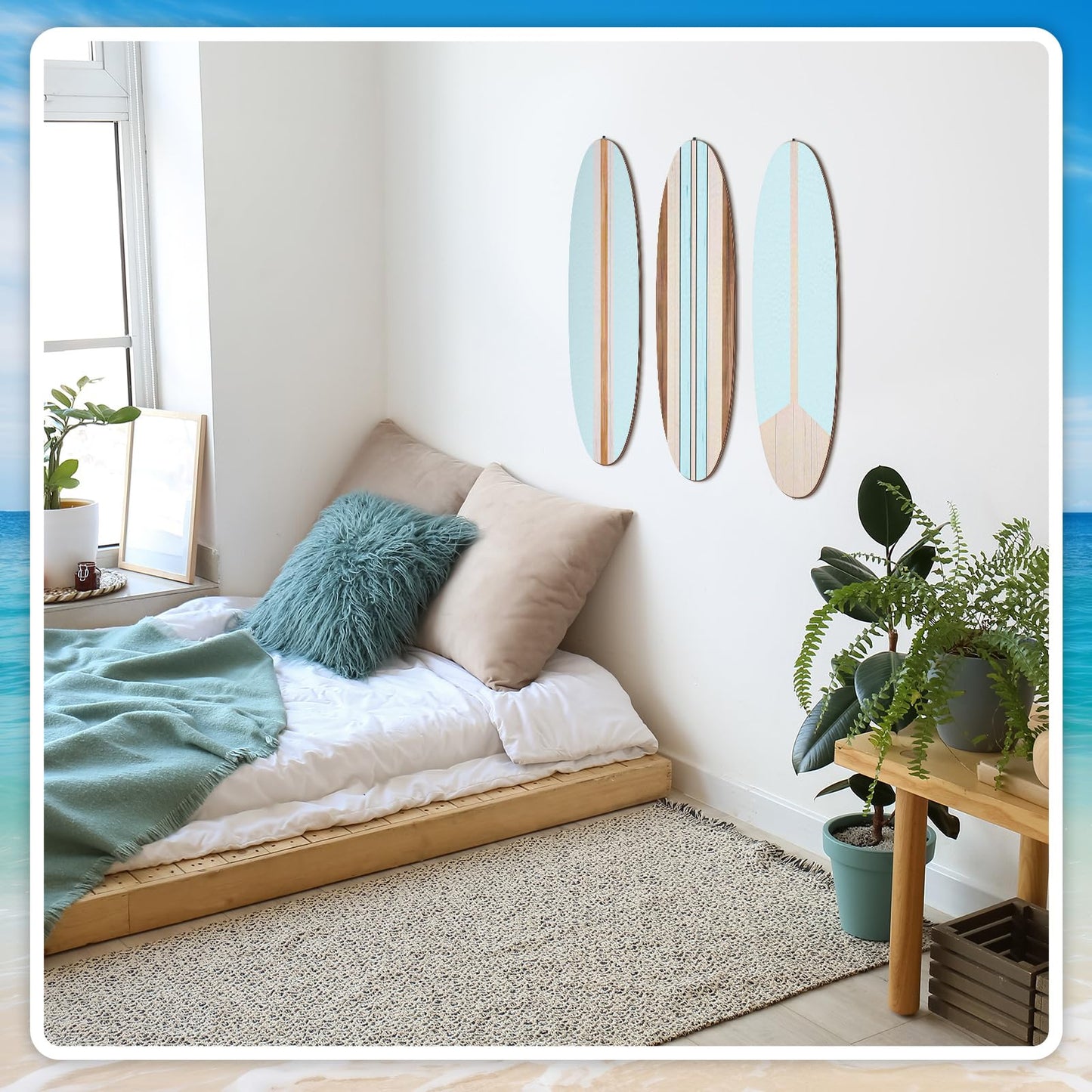 Gerrii 3 Pieces Surfboard Wall Decor 23.6" x 5.4" Preppy Beach Room Decor Aesthetic Large Wooden Cute Beachy Tropical Wall Art for Surfer Bedroom Bathroom Decorations(Blue,Stripe)