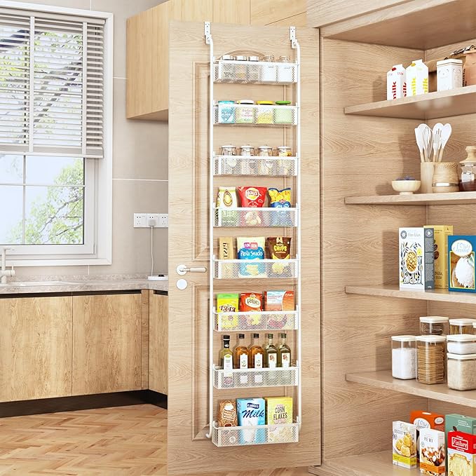 Over The Door Pantry Organizer, 8-Tier Pantry Organization and Storage, Over The Door Spice Rack, Home & Kitchen Storage Shelves for Cabinet, White