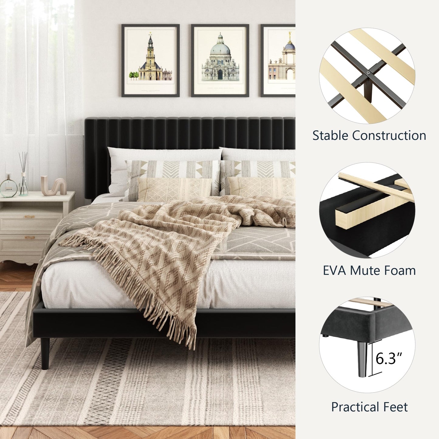 HAOARA King Size Bed Frame, King Size Platform Bed Frame and Velvet Upholstered Headboard with Strong Wood Slats, Box Spring Optional, Mattress Foundation, Easy Assembly Black