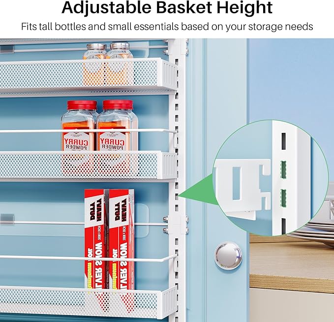 SNTD 8 Tiers Over the Door Organizer - Height Adjustable Pantry Organizers and Storage with Dense Mesh Baskets, Anti-Swing Hanging Door Spice Rack for Kitchen Bathroom (White, 17" W x 6" D x 69" H)