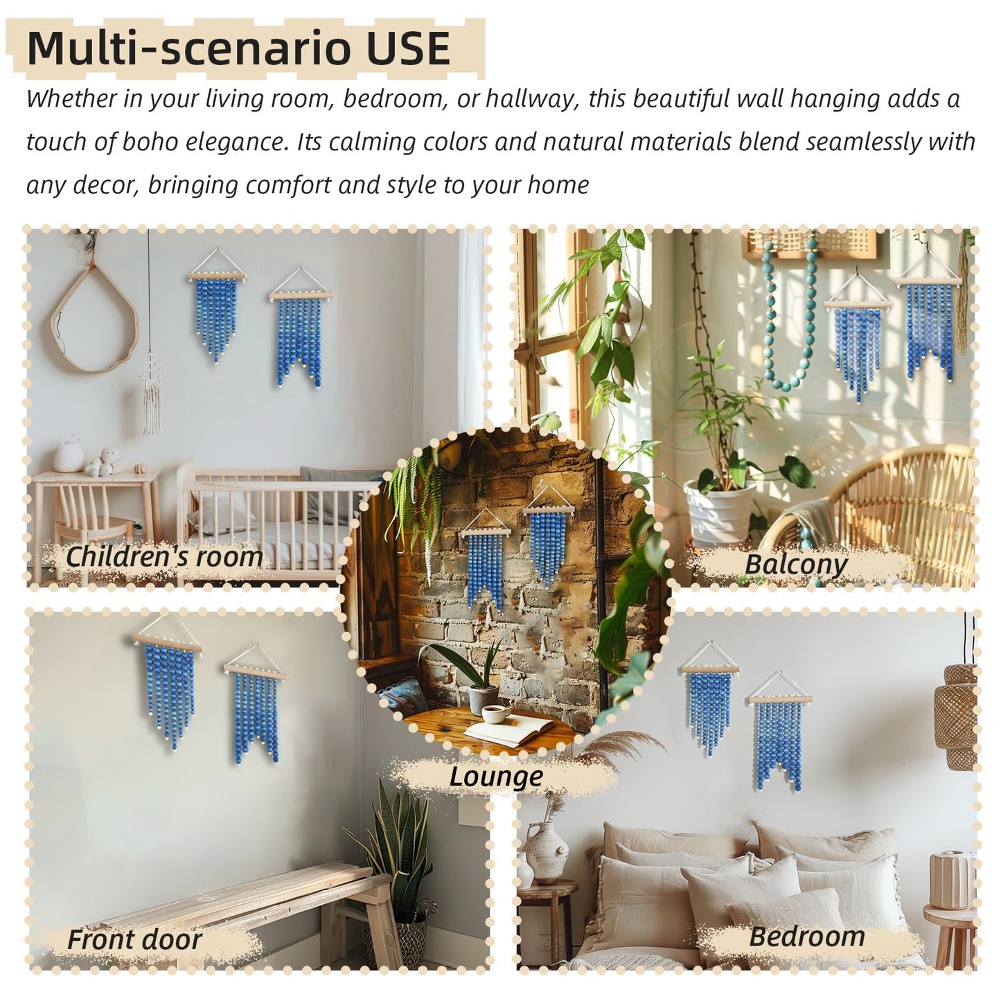 Wood Beads Small Tapestry 2 Pieces Blue Boho Wall Decor Art Western Rustic Hanging Macrame Decoration for Kids Girl Boy Room Nursery Bedroom Living Room Dorm Shelves Entryway