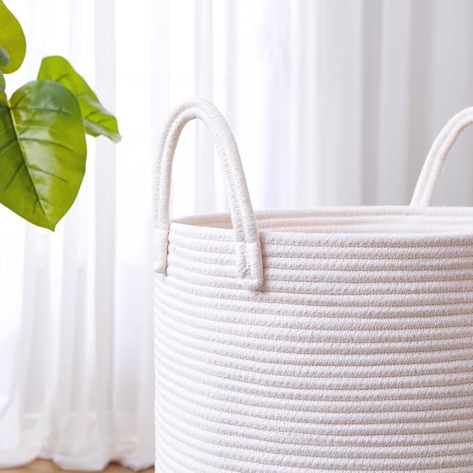 60L Pure White Woven Hamper Laundry Basket Cotton Rope Blanket Basket for Living Room 15Dx20H inches Tall Clothes Hamper for Baby Nursery Kids in Bedroom Large