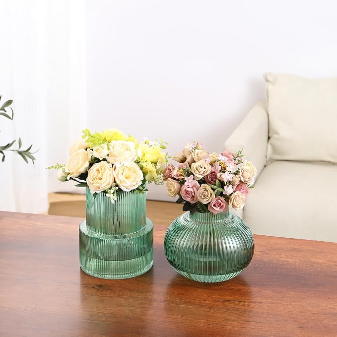 Ribbed Glass Vases, Set of 2 Fluted Vases for Flowers, Green Glass Vase for Tulips, Modern Vase for Living Room, Kitchen, Office, Entryway, Mantle, Bookshelf, Wedding Gifts, Birthday