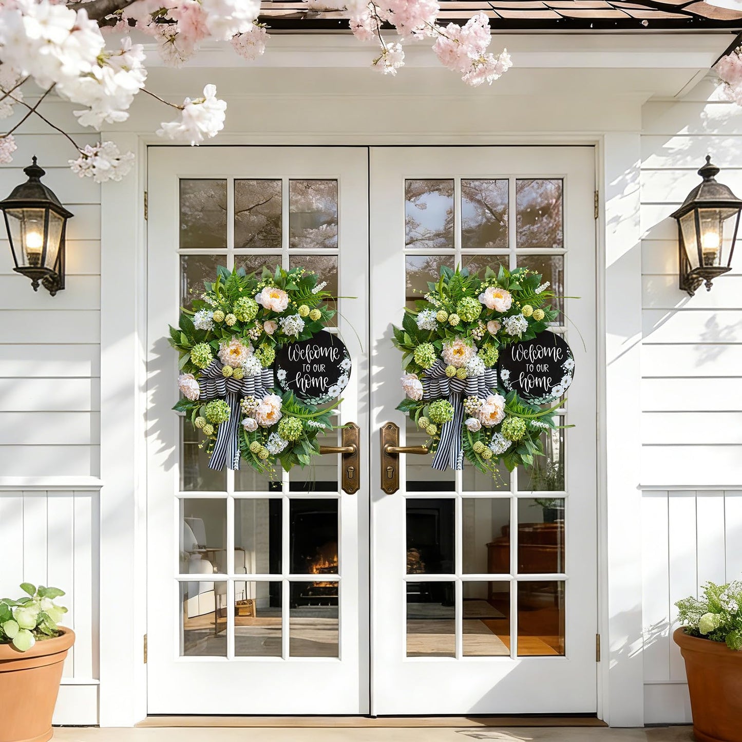 Spring Summer Wreaths for Front Door, Half Circle Summer Wreath with Hydrangea & Peony, Striped Bow & Welcome Sign – 24 Inch Indoor/Outdoor Seasonal, Housewarming & Festive Spring Door Wreath Decor