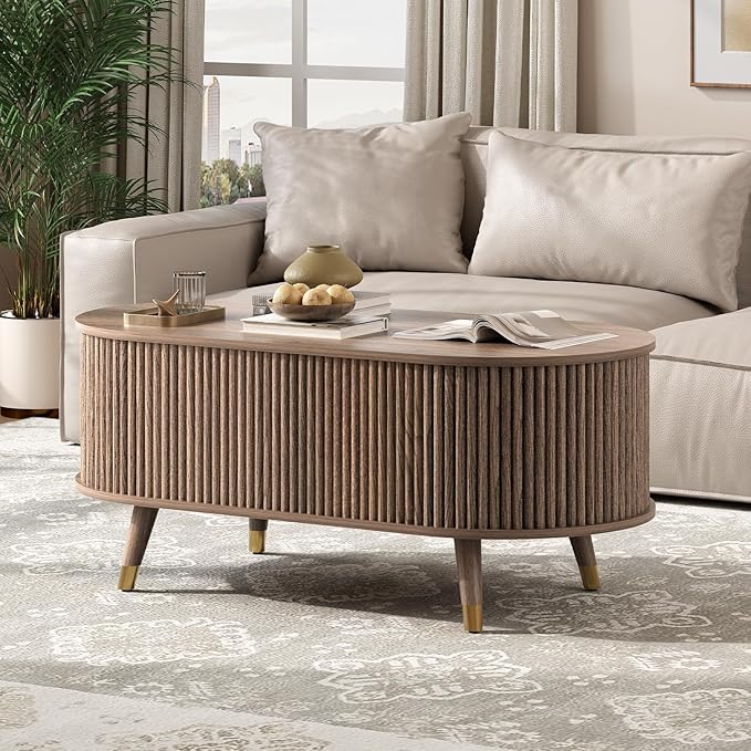 JOINICE 42.5" Oval Lift Top Coffee Table with Storage, Mid Century Modern Walnut Center Table with Fluted Design, Solid Wood Legs & Hidden Compartment, Pop Up Coffee Table for Living Room