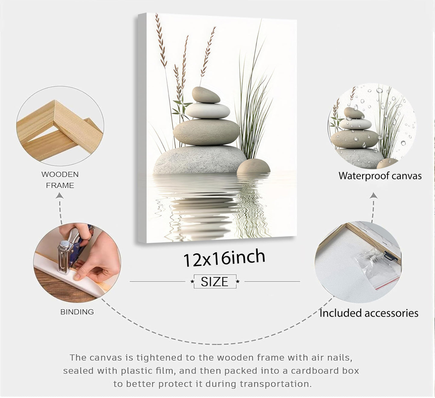 KBIERQN Zen Stone Canvas Wall Art Stacked Stones in Water Poster Print Tranquil Wild Grass Painting Picture for Spa Yoga Meditation Room Bathroom Wall Decor 12x16in Framed Ready to Hang
