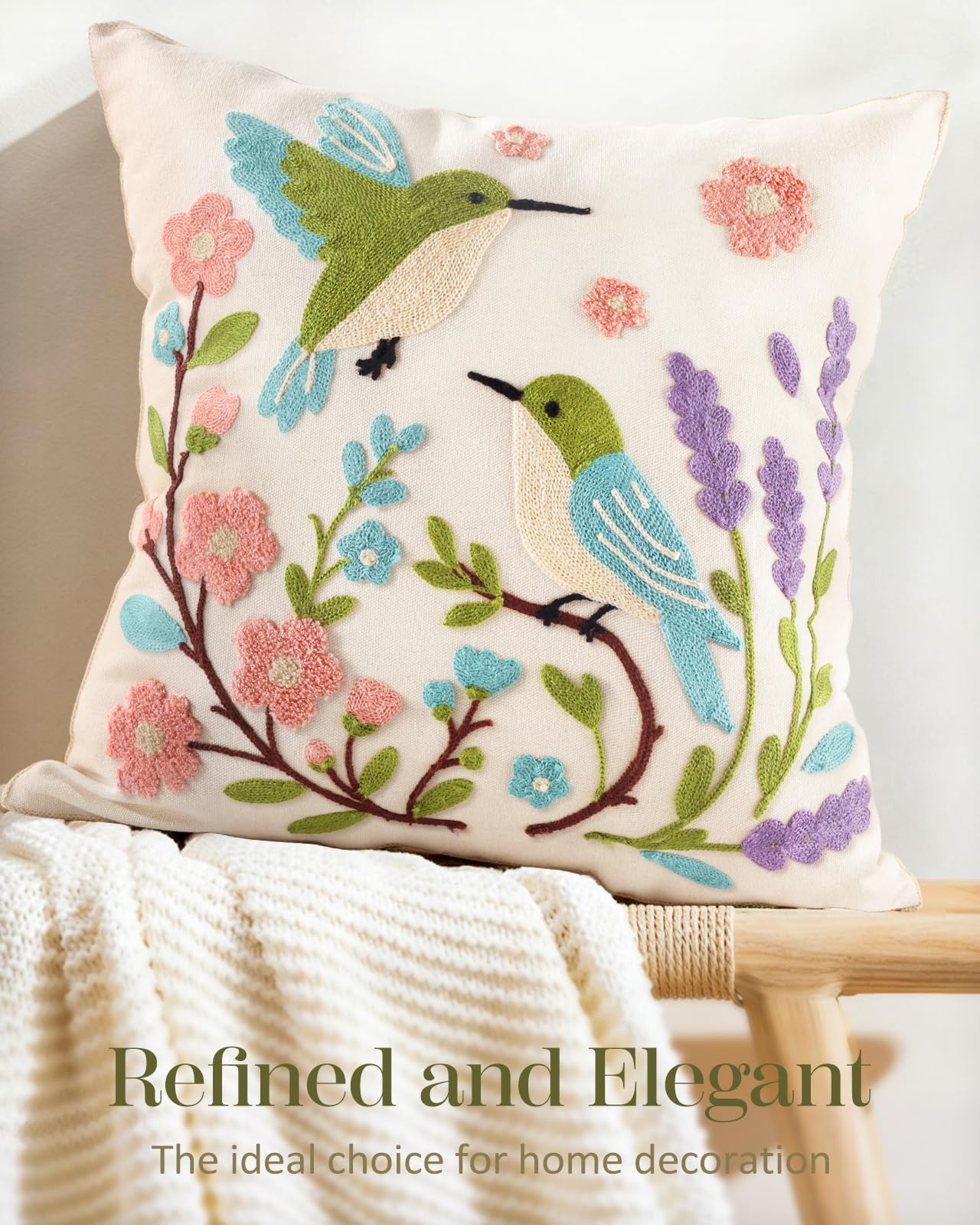 Kokaaee Spring Pillow Cover 18x18 Inch – Embroidered Summer Throw Pillow Cover Flowers Birds Farmhouse Decorative Cushion Case with Hidden Zipper Decoration for Couch, Sofa, Living Room(1 Pack)