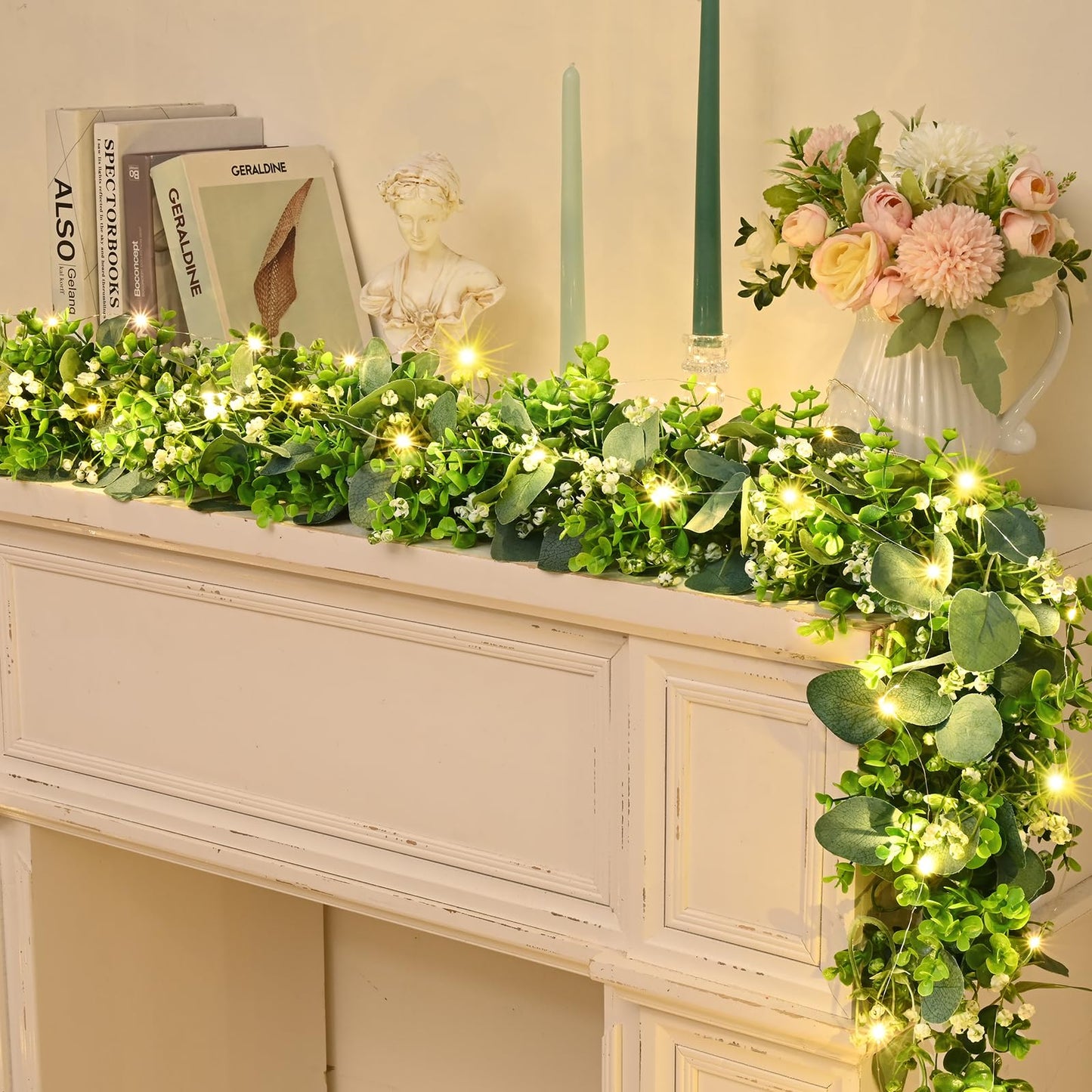 2Pcs Eucalyptus Garland with Lights, Greenery Garland, Green Garland with Flowers, 5.9FT Artificial Faux Eucalyptus Leaves Vines for Table Mantle Home Wedding Party Indoor Outdoor Decor