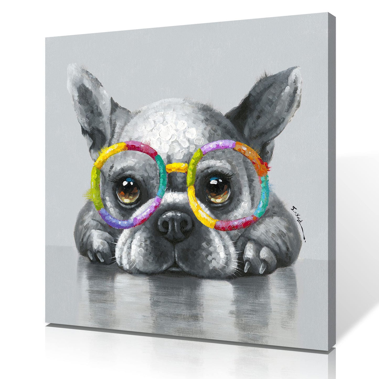 Kunstorner Cute Dog Wall Art With Glasses - Funny Animal Canvas for Living Room, Bedroom, Office Home Decoration - 13.5x13.5 Inches