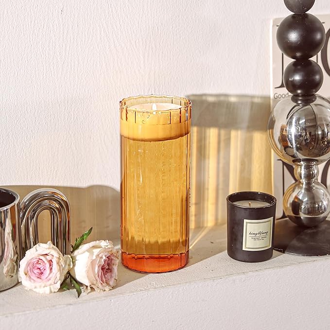 ComSaf Glass Cylinder Vases, Bud Vase for Centerpieces, 8 Inch Tall Ribbed Vase Hurricane Floating Candle Holder, Decorative Flower Vases for Wedding Reception, Home Decor, Housewarming Gift (Amber)