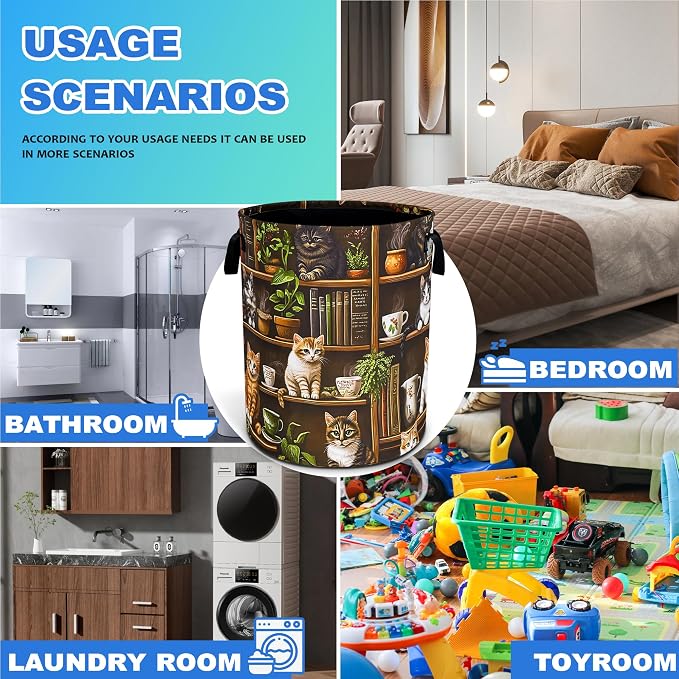 Cute Cat Laundry Basket Bookshelf Animal Oxford Cloth Laundry Hamper Funny With Handle Foldable Portable Clothes Storage Basket 18.9 X 16.5 In Storage Bag For Laundry Room/Bathroom/Bedroom/Dormitories