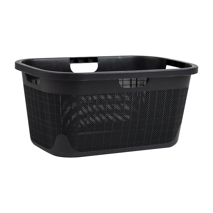 Mind Reader 40L Laundry Basket, Linen Design Clothes Hamper, Plastic Storage Bin with Handles, Black