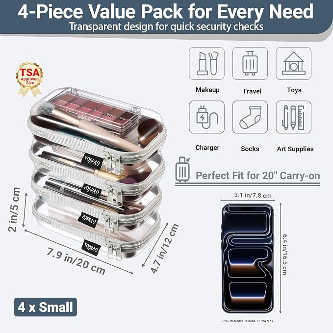 YQBRAO 4-Pack Clear Hard Shell Zipper Case, 1.2mm Ultra-Thick Diaper Bag Organizer Pouches, Rigid Self-Standing Travel Makeup Bags with YKK Zippers, TSA Approved, Gray