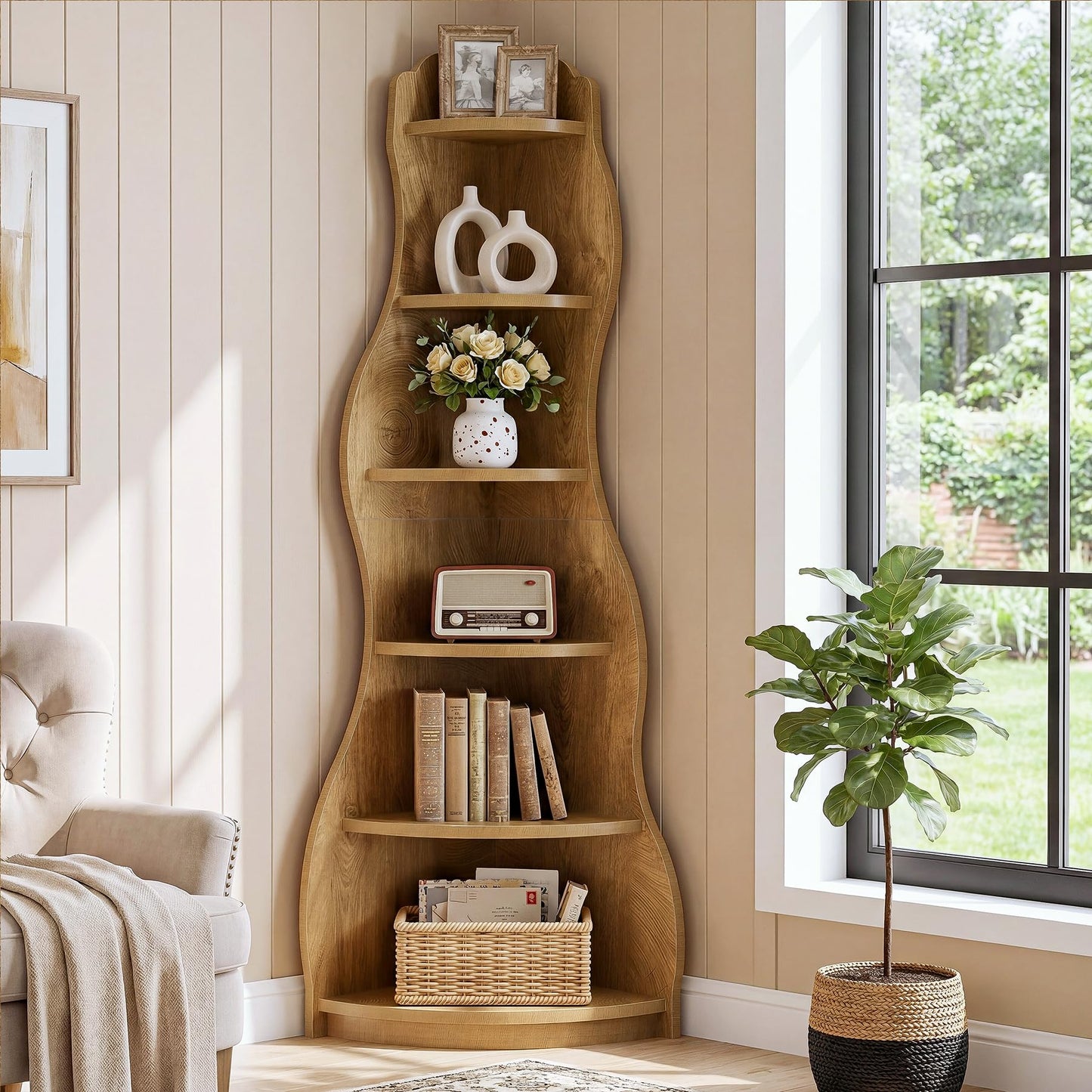 Tribesigns Modern Wavy Corner Shelf, 68.9-Inch 6-Tier Wall Corner Display Bookshelf, Unique Tall Bookcase Storage Rack Plant Stand for Small Space, Living Room, Home Office, Bedroom, Rustic