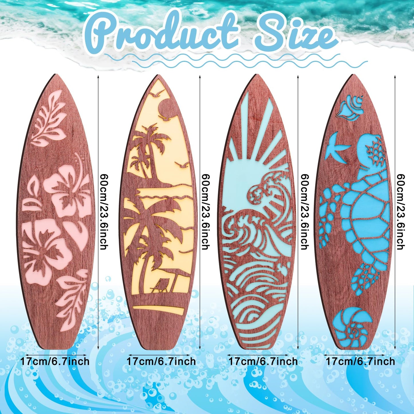 Lineshading 4 Pcs 23.6" x 6.7" Surfboard Wall Decor Large Surfboard Hanging Sign Summer Hawaiian Tropical Surf Boards Decor for Wall Room Bedroom Party Beach Art(Classic Style)