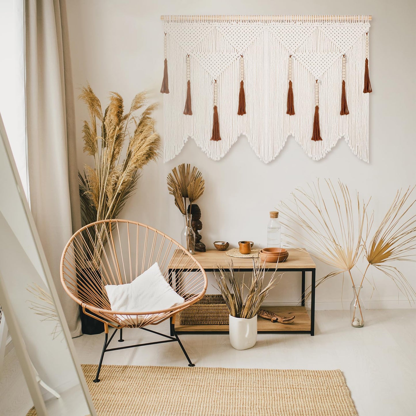 ANROYE Large Macrame Wall Hanging, Boho Woven Tapastry with Wood Bead Tassel, Above Bed Minimalist Decor for Bedroom, Bohemian Art Decoration for Living Room Apartment Home