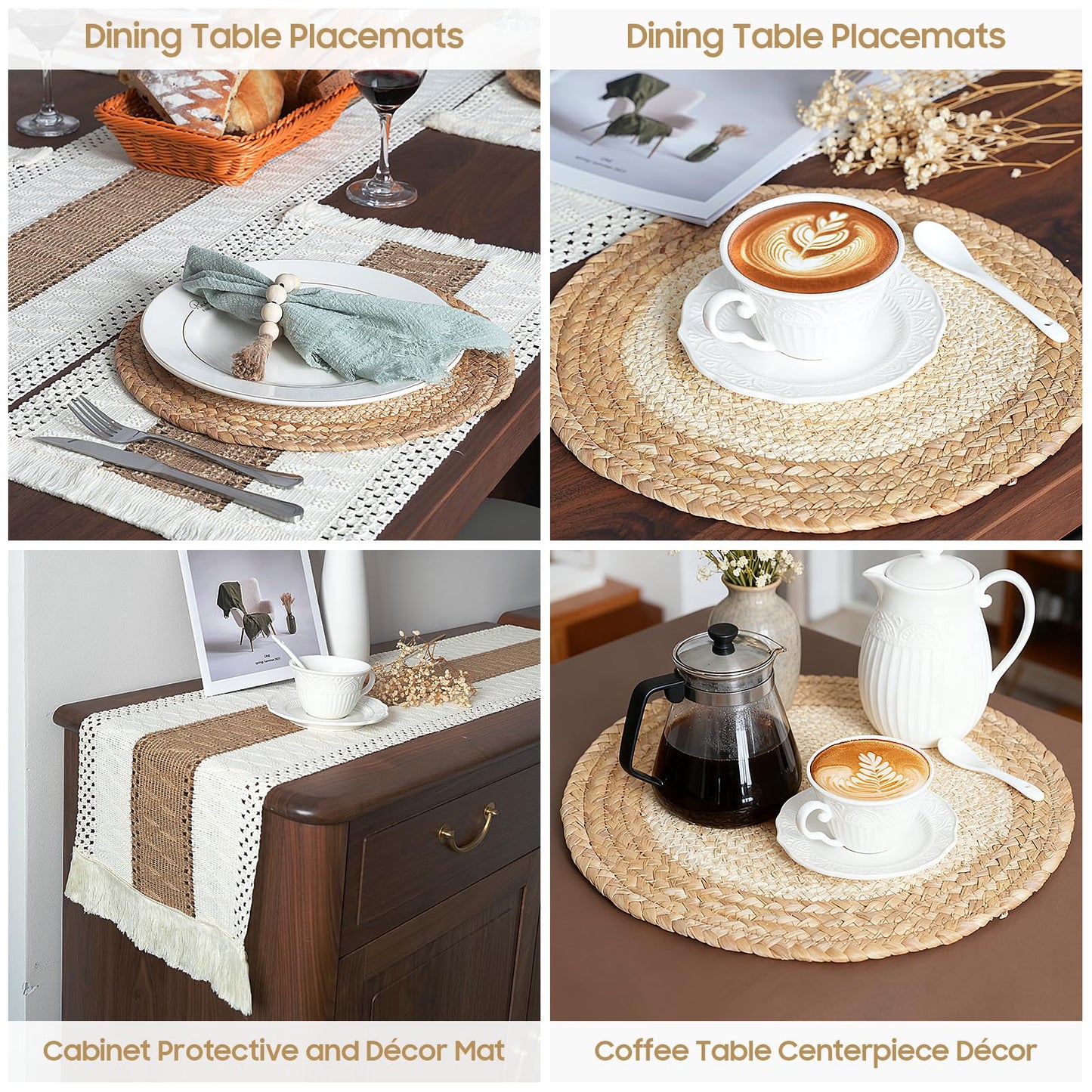 Zology Handmade Boho Placemats Set of 6 - Natural Cotton Burlap and Water Straw Woven Combination Table Mats, Macrame Décor and Farmhouse Style Placemats, for Dining Table Kitchen