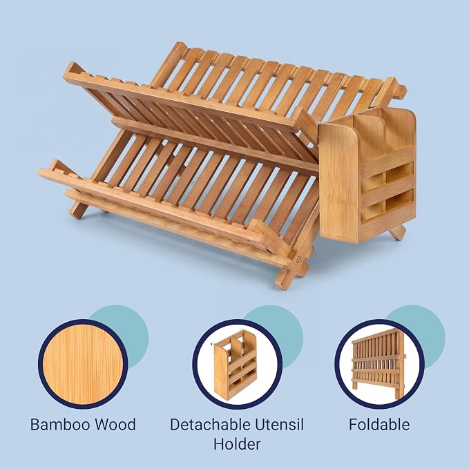 happimess DSH2000B Arlen Farmhouse Bamboo Foldable 2-Tier Dish Drying Rack with Detachable Utensil Holder, Brown