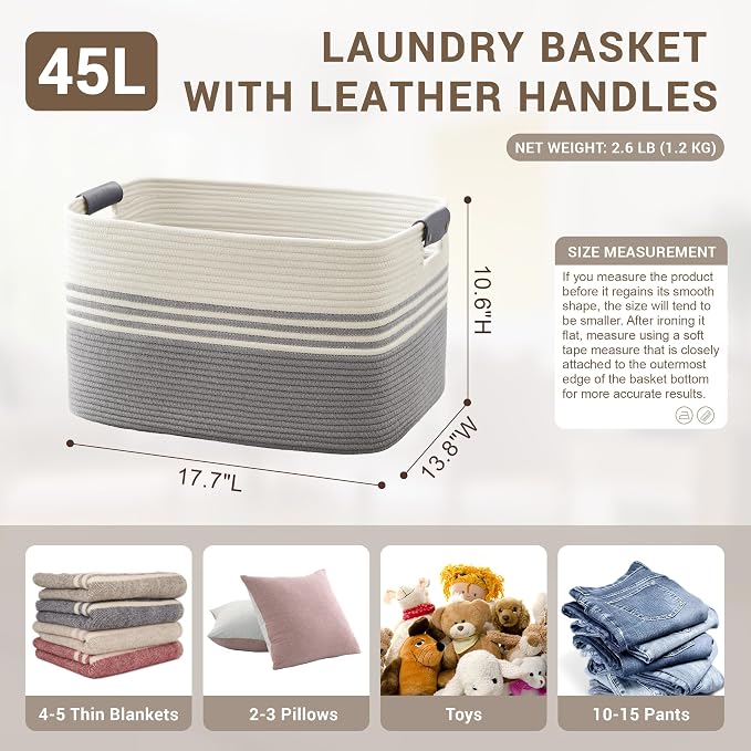 45L Small Laundry Basket with Leather Handles for Living Room Storage, Woven Rope Baskets Bin for Blanket, Kids Toy, Gifts, Wicker Hamper for Bedroom Dirty Clothes, 18"x14"x11" White Grey