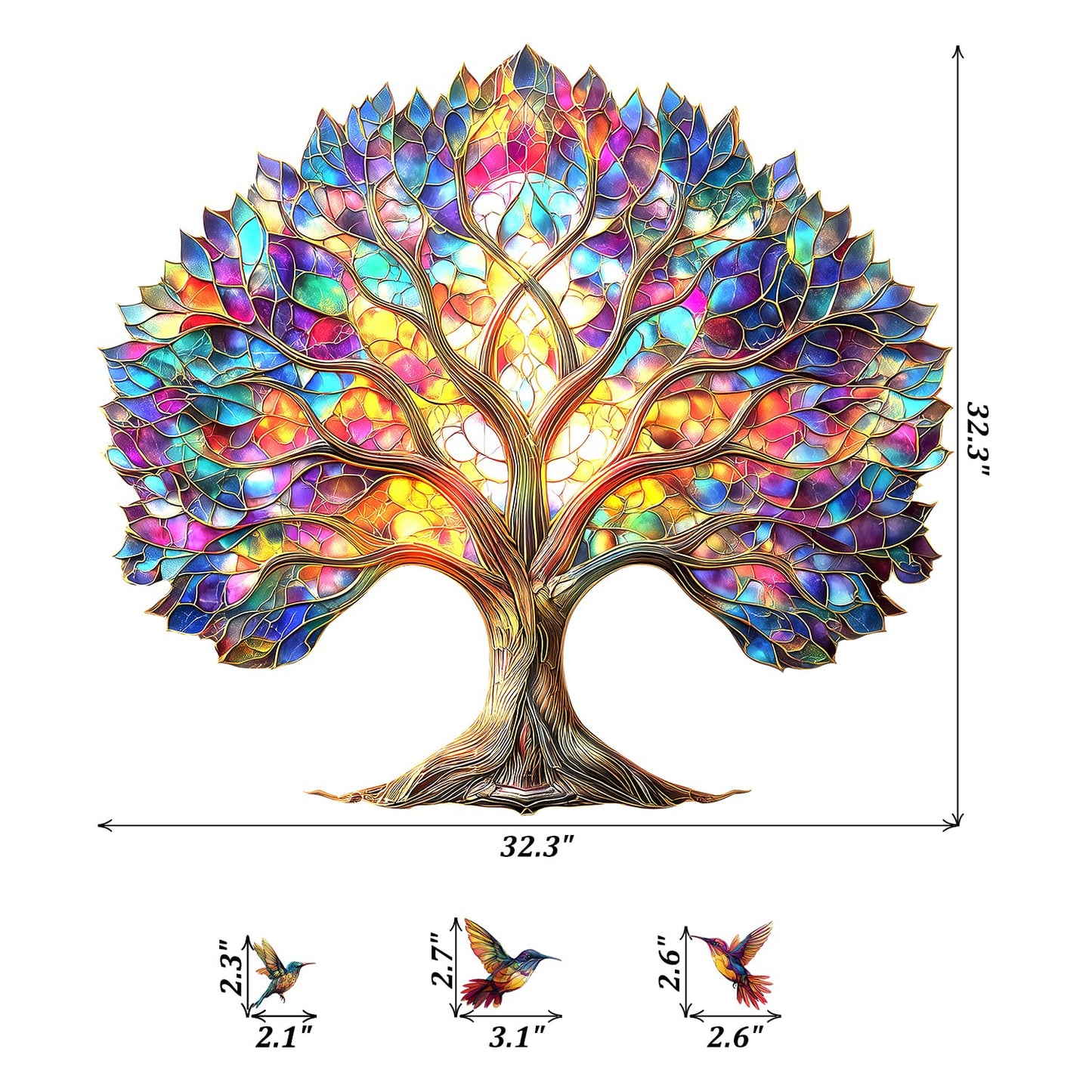 VePret Vibrant Tree of Life Wall Decals Peel and Stick,Stained Glass Leaves Wall Stickers & Murals, Removable Hummingbirds Home Decor Art for Bedroom Living Room Classroom Office