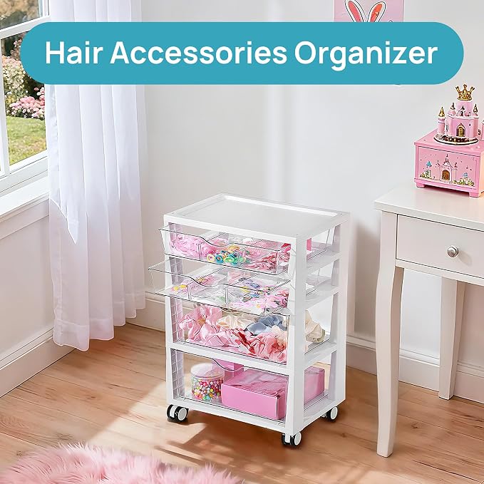 Vtopmart Plastic Drawer Storage Rolling Cart with Wheels, 4-Tier Drawer Organizer for Art Crafts Supplies, Home Office Supplies, Toys, Under Desk Storage for Office, Craft Room, Bedroom, Classroom