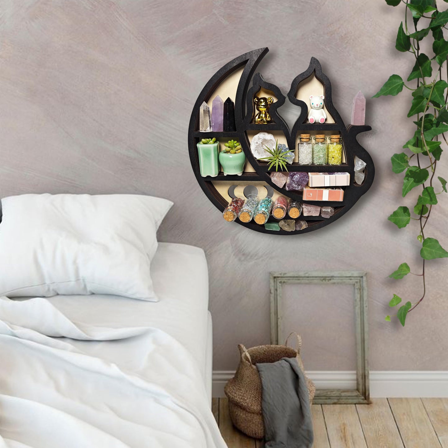 FNYDOX Crystal Display Shelf for Wall, Cats on The Moon Shelf, Crescent Moon Phase Cute Home Decor Wooden Rock Display Shelf Crystal Holder Stone Storage Aesthetic Hanging Floating Organizer