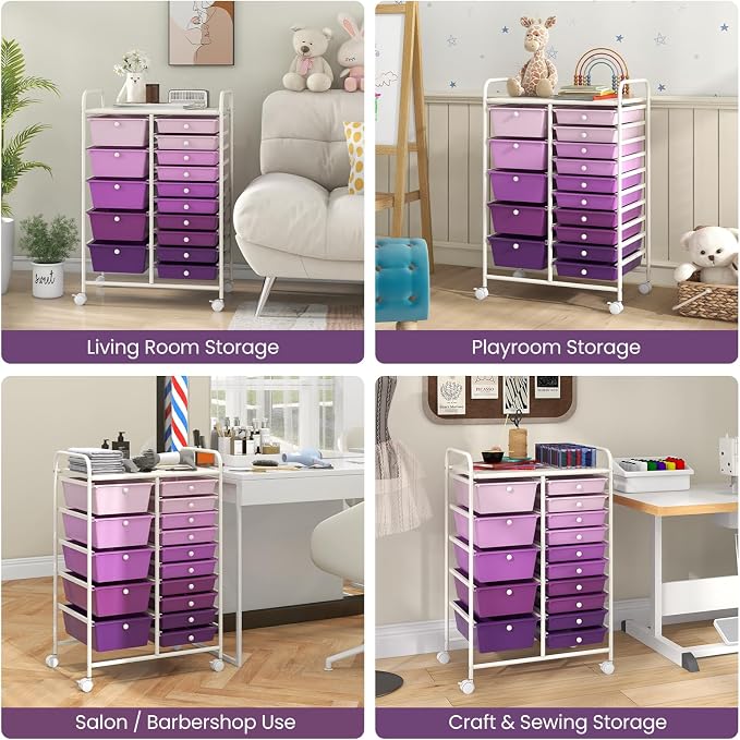 Giantex 15 Drawers Rolling Cart, Classroom Organizers, Storage Cart with Wheels, for Teacher Office Home School Supplies Tool Craft Art Paper, Purple Gradient