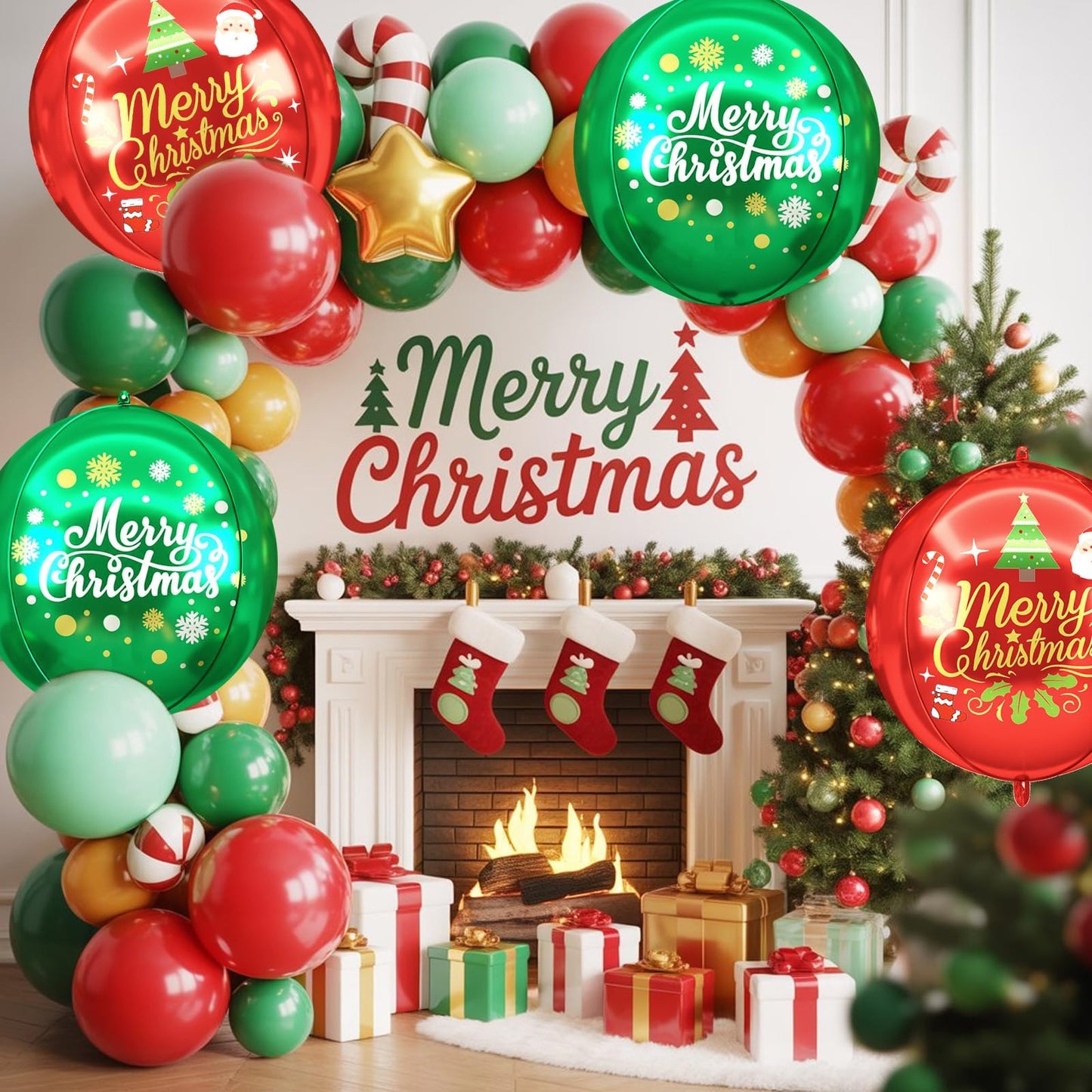 Xmas Foil Balloons Red Green Merry Christmas Printed, 6 Pcs Xmas Round Balloons, 22 Inch Big Round Foil Balloon For Christmas Party Decorations