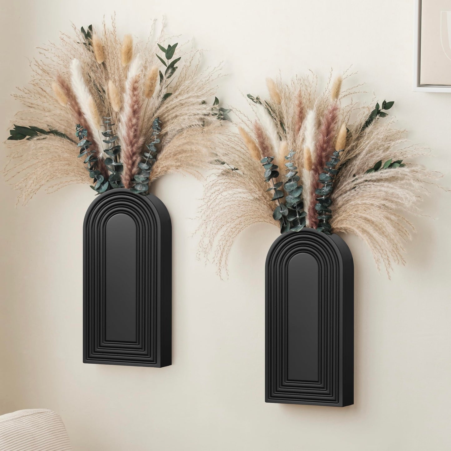 2 Pack Wooden Wall Vase Set with Pampas Grass Eucalyptus, Modern Farmhouse Boho Wall Decor for Living Room, Entryway, Hallway, Bathroom, Dining Room, Black Wall Art for Home Decoration