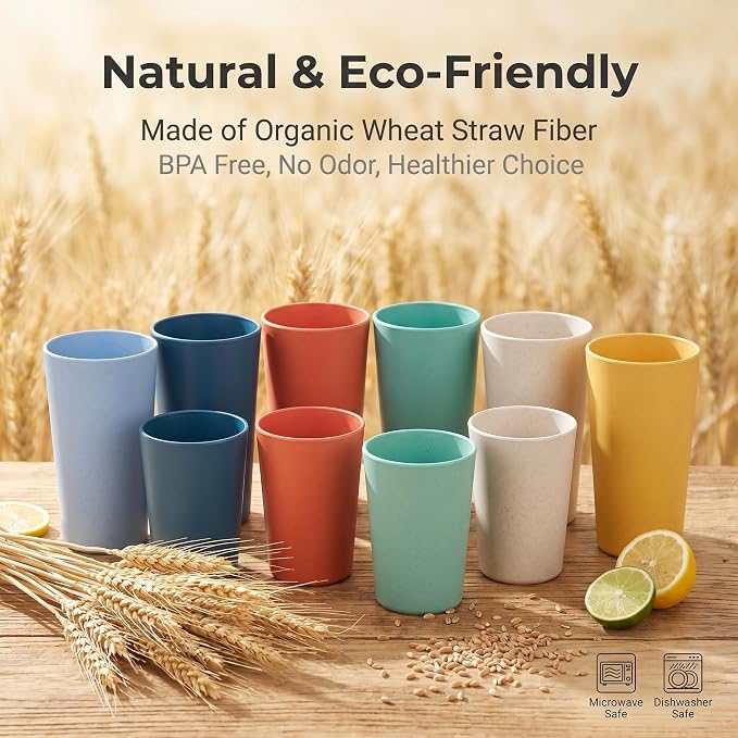 12 Pack Premium Wheat Straw Cups, 6 Pcs 20 oz & 6 Pcs 10 oz Unbreakable Drinking Cups, Alternative to Plastic Cups Sets, Reusable Water Glasses Tumbler, Microwave & Dishwasher Safe, Bpa Free, 6 Colors