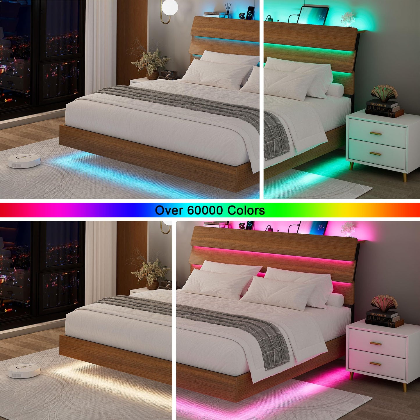 Feonase Floating Bed Frame King with Led Lights and Charging Station, Wood Full Size Bed Frame with Storage Headboard, Heavy Duty Metal Slats, No Box Spring Needed, Easy Assembly,Walnut
