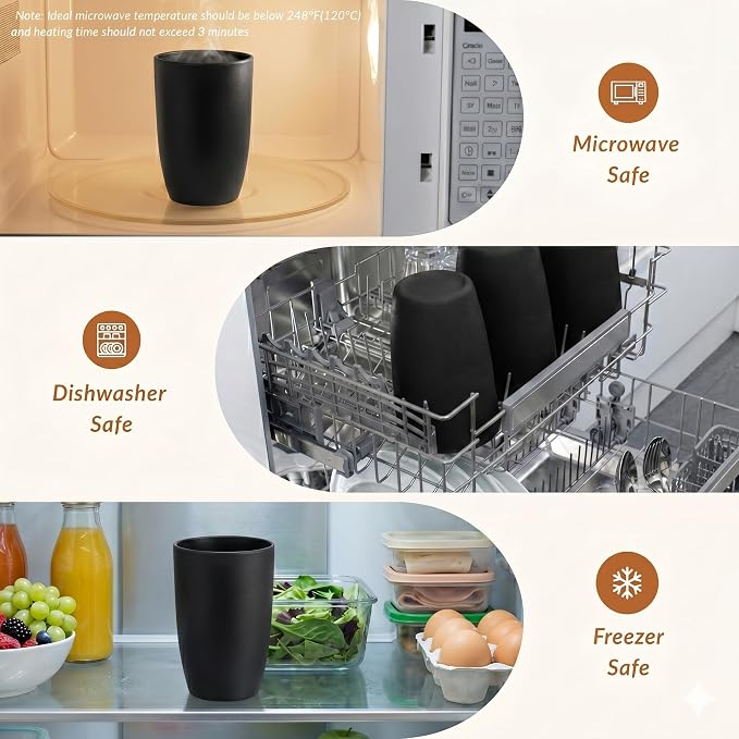 Homienly Kitchen Cups 20oz Wheat Straw Cups-6 pcs Lightweight cups Unbreakable & Reusable Glassware Set Stackable for Party,Camping,Picnic-Black