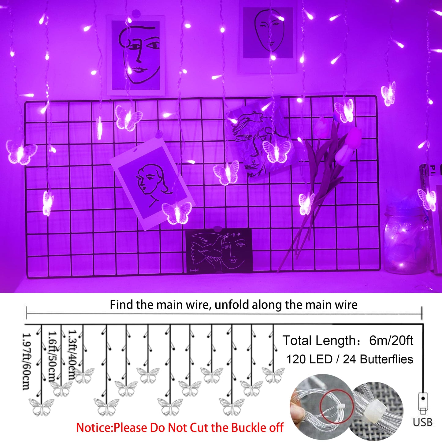 Purple Butterfly Curtain Fairy Lights USB Plug in,120 LED 8 Modes 20FT Firefly Twinkle Icicle String Lights with Remote Timer Waterproof for Halloween Bedroom Christmas Wedding Party Dorm