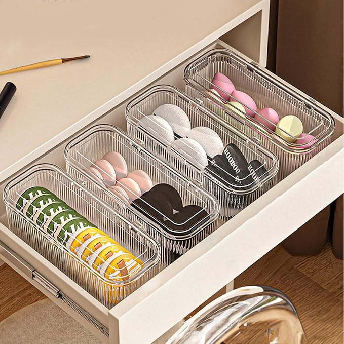 JessLab Makeup Brush Holder Organizer, Clear Makeup Sponges Organizer,Cosmetic Storage Case with Lid Display Case for Vanity, 1 Compartment (3 Pack)
