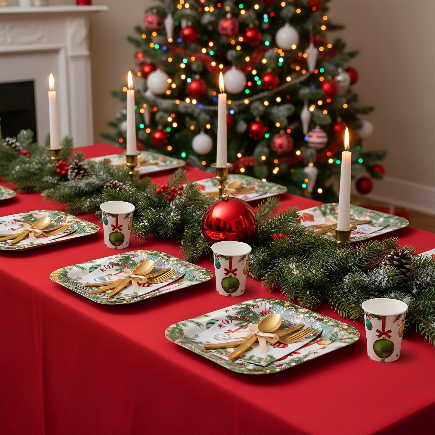 Ziliny 350 Pcs Christmas Party Supplies Christmas Tree Hanging Ball Party Tableware Set Square Paper Plates Disposable Napkins Cups Plastic Cutlery for Xmas Holiday Serves 50 Guests(Xmas Ball)
