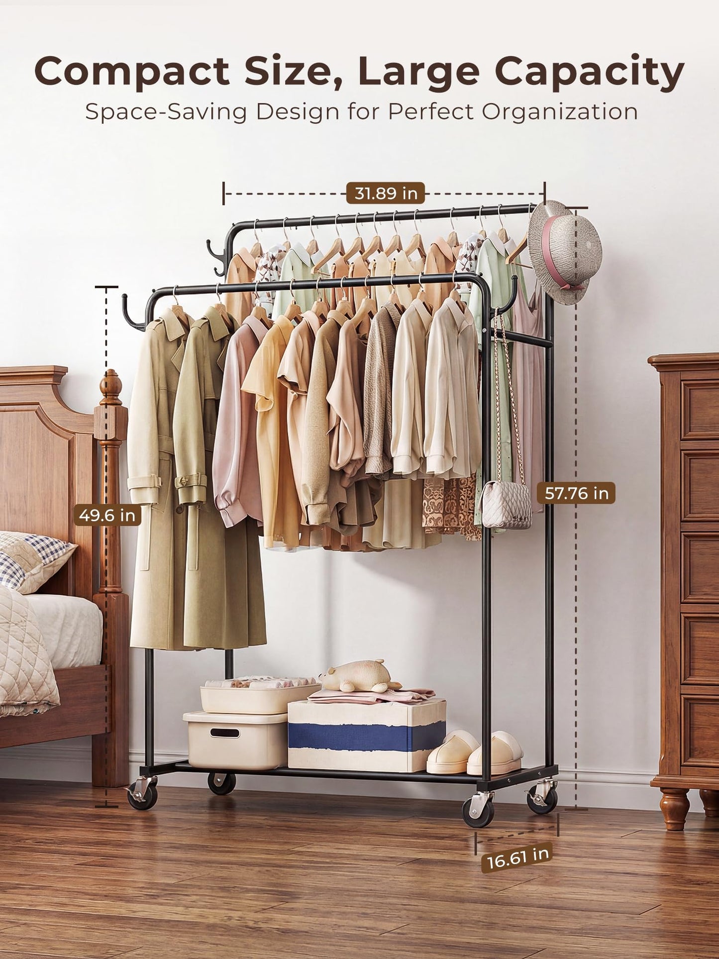 HogHow Clothes Rack, Rolling Clothing Rack with Double Rods for Hanging Clothes, Portable Garment Rack with Wheels, Metal Wardrobe Closet Organizer for Bedroom and Laundry Room